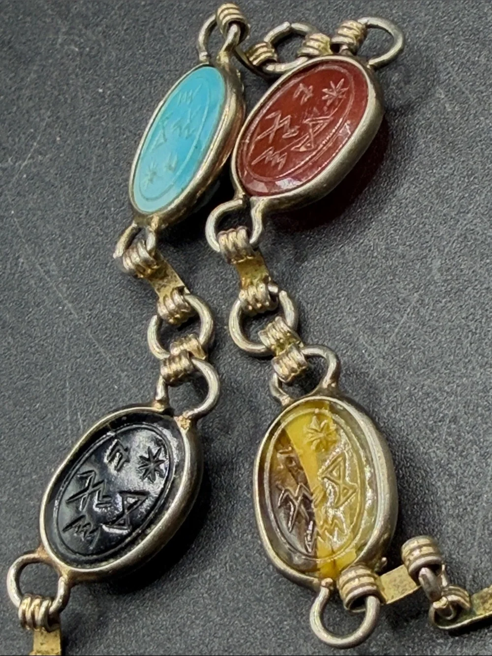 Vintage Egyptian Revival Multicolor Etched Scarab Beetle Motif Cabochon Bracelet